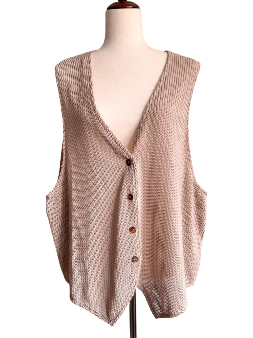 Miz California 90’s Vintage Oversized Open Knit Button-Front Vest Beige Taupe L